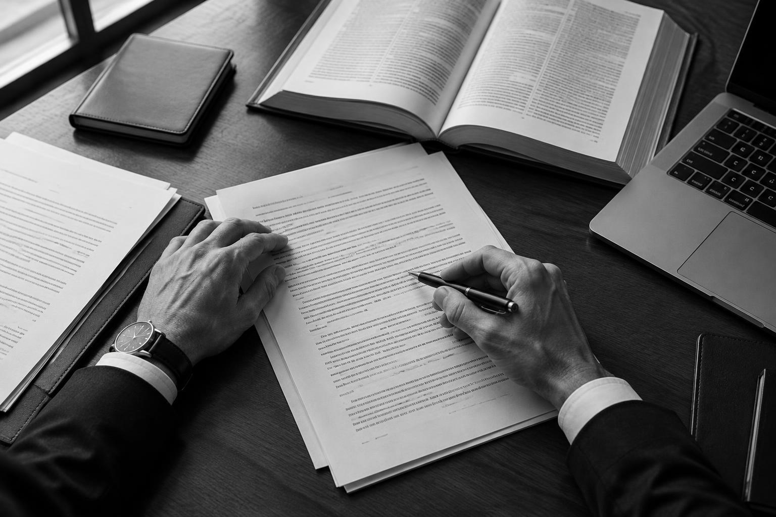 Revisión de un contrato con documentos y libros de consulta